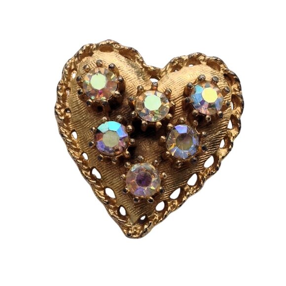 Gold Heart Shaped Brooch PENDANT Swarovski Rivoli Aurora Borealis Crystals - Picture 5 of 12